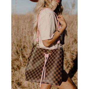 Designer Inspired Pink/Brown Checkered Bucket Bag